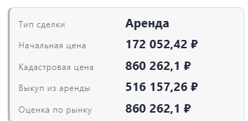 Блок цен: тип сделки, начальная цена, кадастровая, выкуп из аренды, оценка по рынку