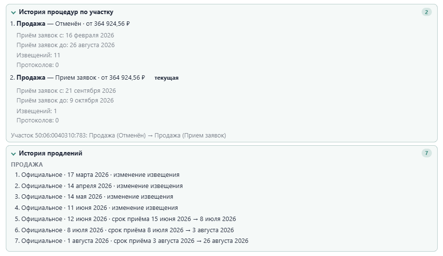 Раскрытая история процедур и история продлений
