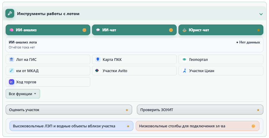 Открытая складка инструментов: ИИ-анализ, ИИ-чат, Юрист-чат, ГИС, ПКК, геопортал, ход торгов, оценка, ЗОУИТ, ЛЭП, столбы
