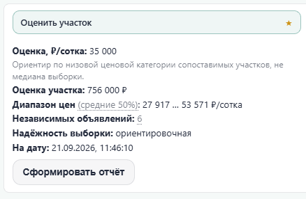 Результат оценки: ₽/сотка, оценка участка, диапазон средних 50%, число объявлений