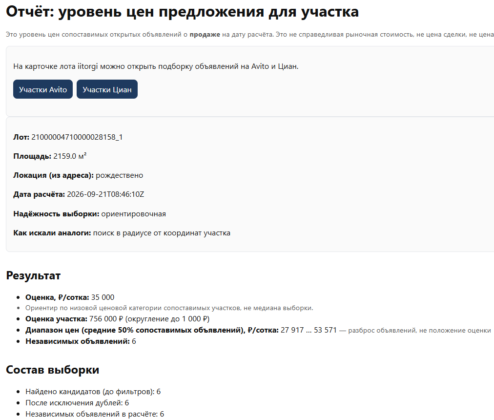 Страница отчёта после «Сформировать отчёт»