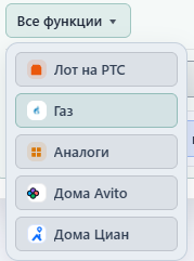 Выпадающее меню «Все функции»: Лот на РТС, Газ, Аналоги, Дома Avito, Дома Циан